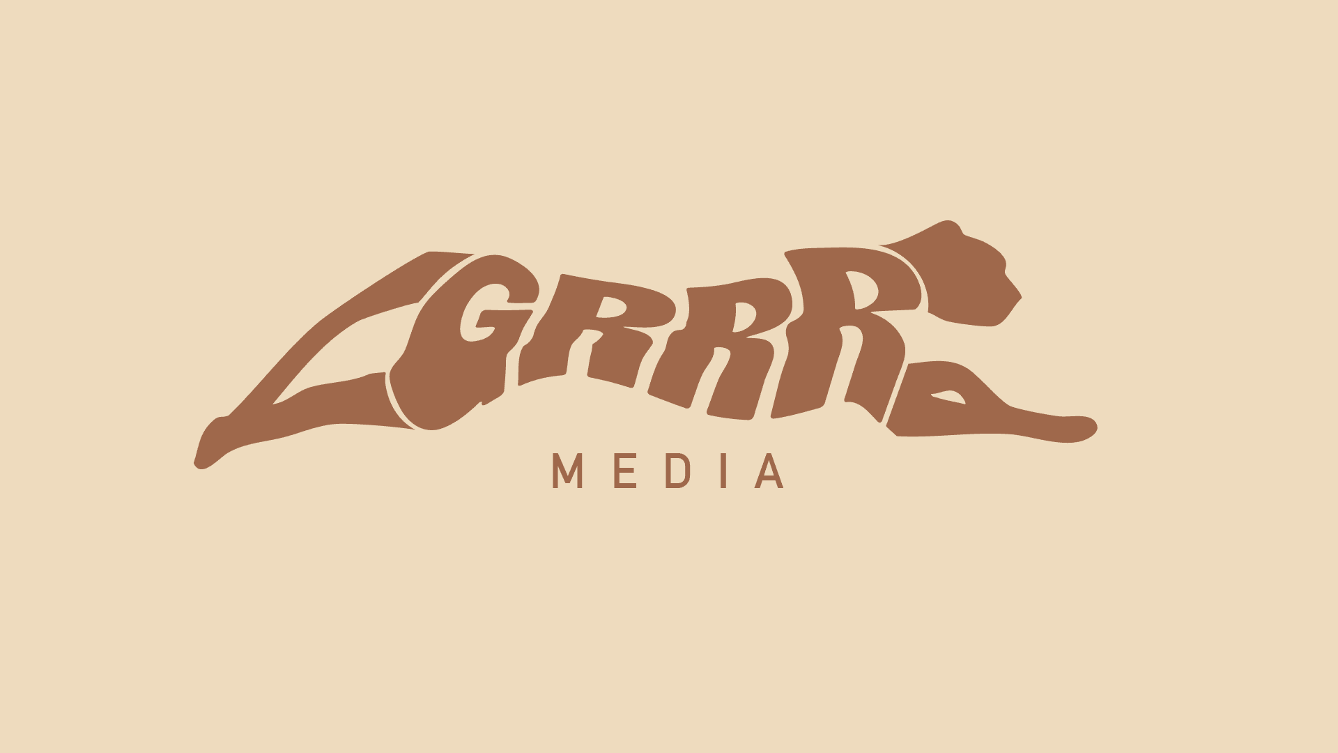 Logo de Grrr Média : une panthère formée par les lettres GRRR, sur fond crème