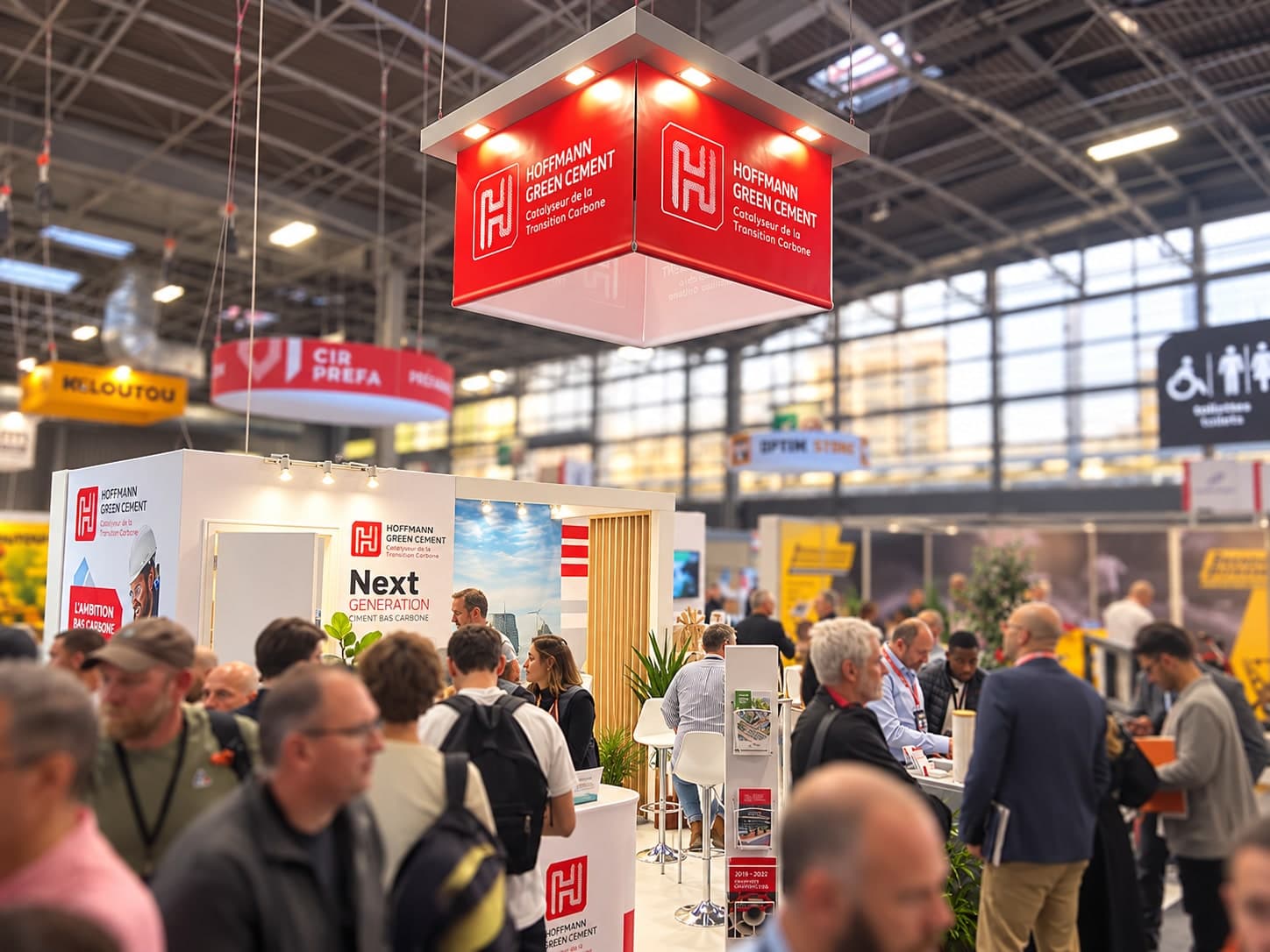 Stand Hoffmann Green au salon BATIMAT, avec son cube suspendu rouge et des visiteurs