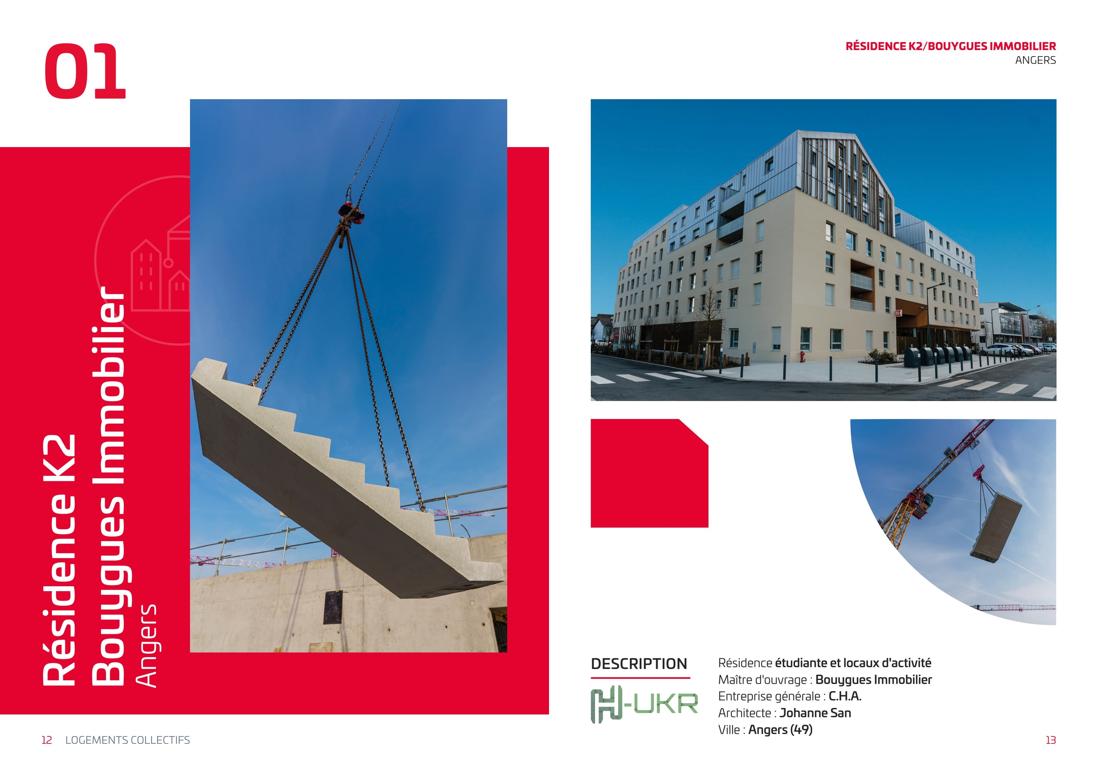Double page « Résidence K2, Bouygues Immobilier, Angers » : un escalier préfabriqué levé par une grue et l’immeuble achevé