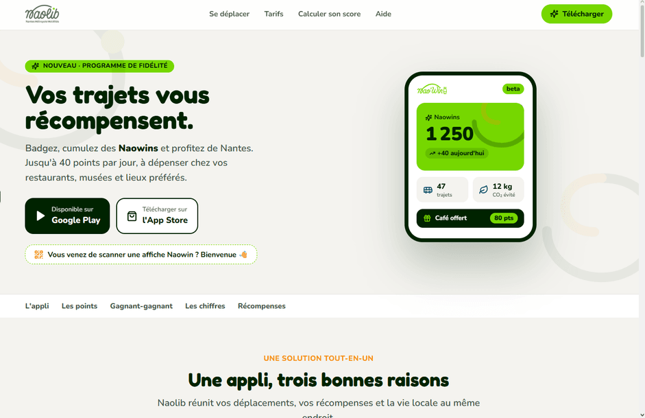 Maquette de la landing page Nao’Win avec le titre « Vos trajets vous récompensent » et l’application sur un téléphone
